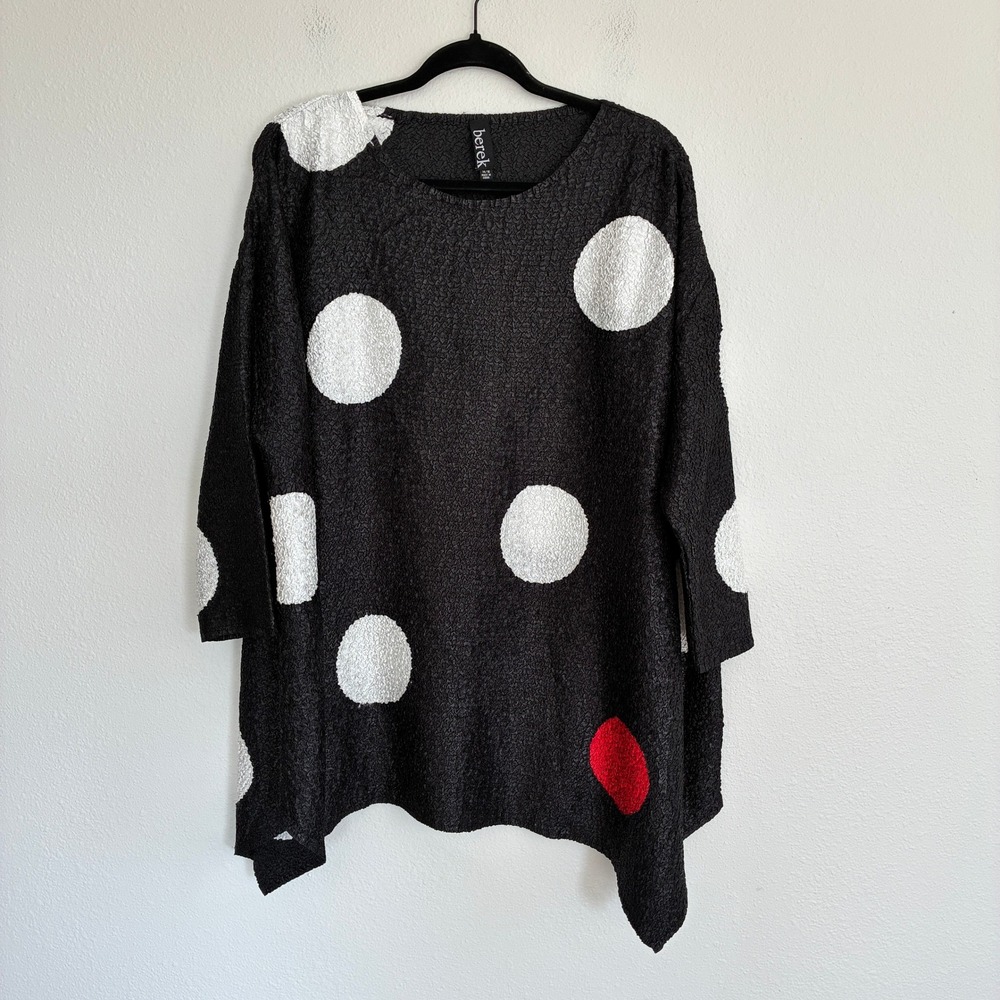 Berek Crinkle Tunic Top Women 14/16 Black Polka Dot Long Sleeve Art to Wear